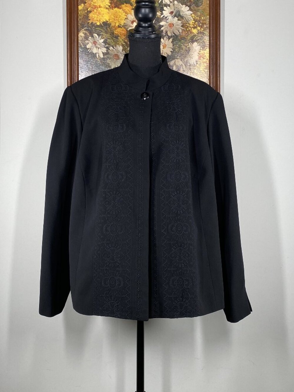 Vintage Josephine Chaus Blazer Top Women's 16W Chinese Collar Black Embroidered